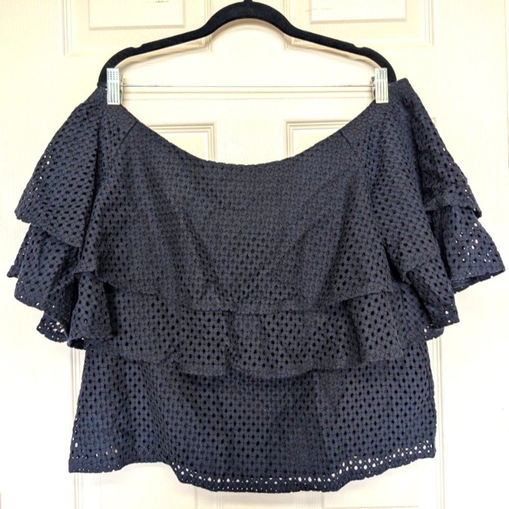 Banana Republic Womens Top L Blue Crop Off The Shoulder Layered Ruffle Eyelet